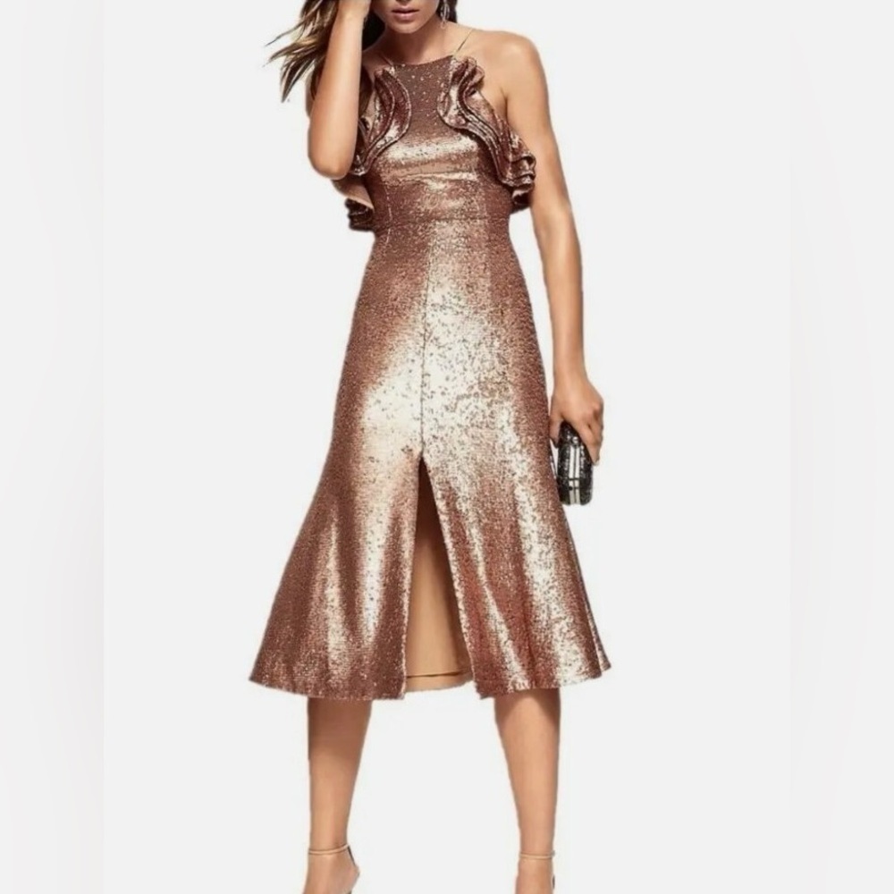 NWT C/MEO Collective Illuminated Sequin Ruffle Midi Dress | Copper Rose Gold | S - Picture 3 of 12